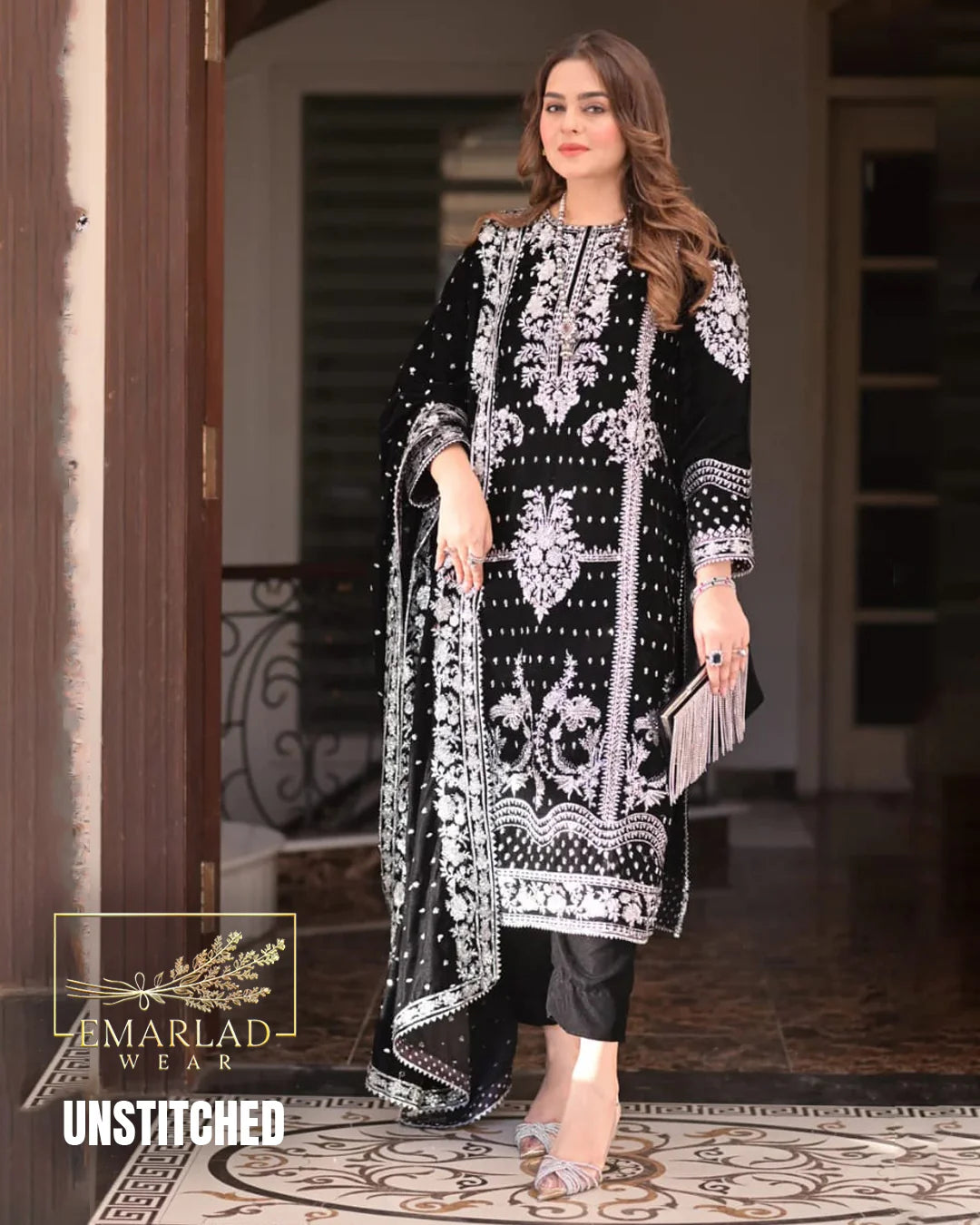 Aneelas Black Velvet Dress with Silver Embroidery β Luxury Formal Wear