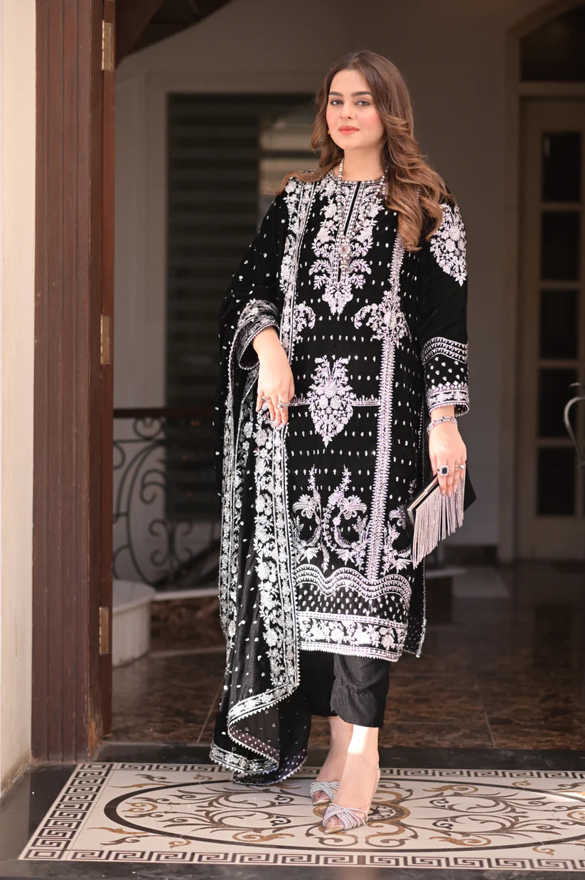 Aneelas Black Velvet Dress with Silver Embroidery – Luxury Formal Wear
