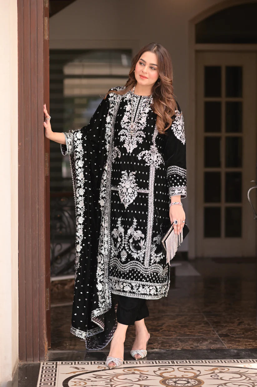 Aneelas Black Velvet Dress with Silver Embroidery – Luxury Formal Wear