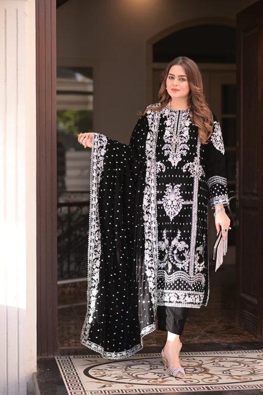 Aneelas Black Velvet Dress with Silver Embroidery – Luxury Formal Wear