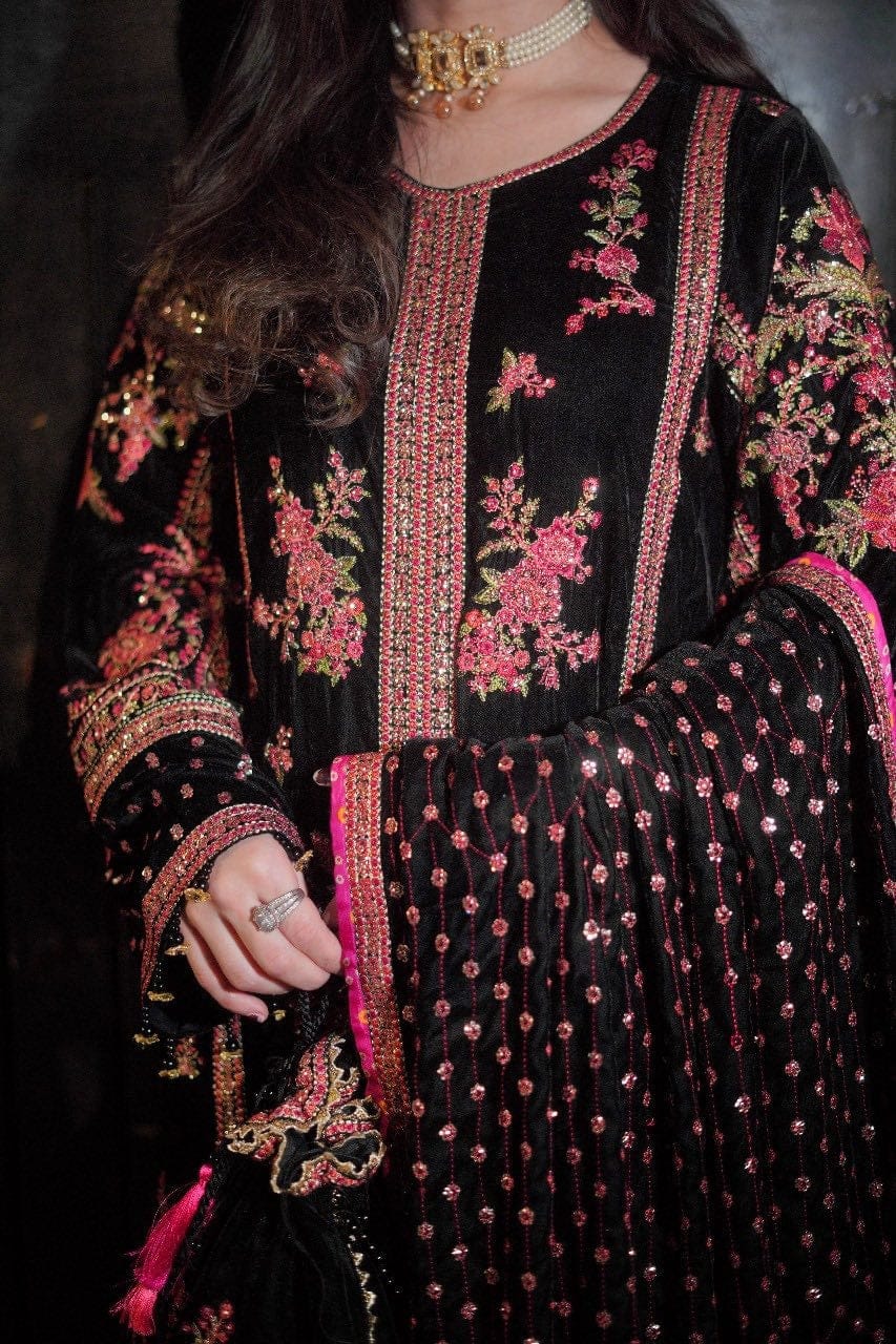 Aneela's Collection | Black - red Embroidered Velvet Collection